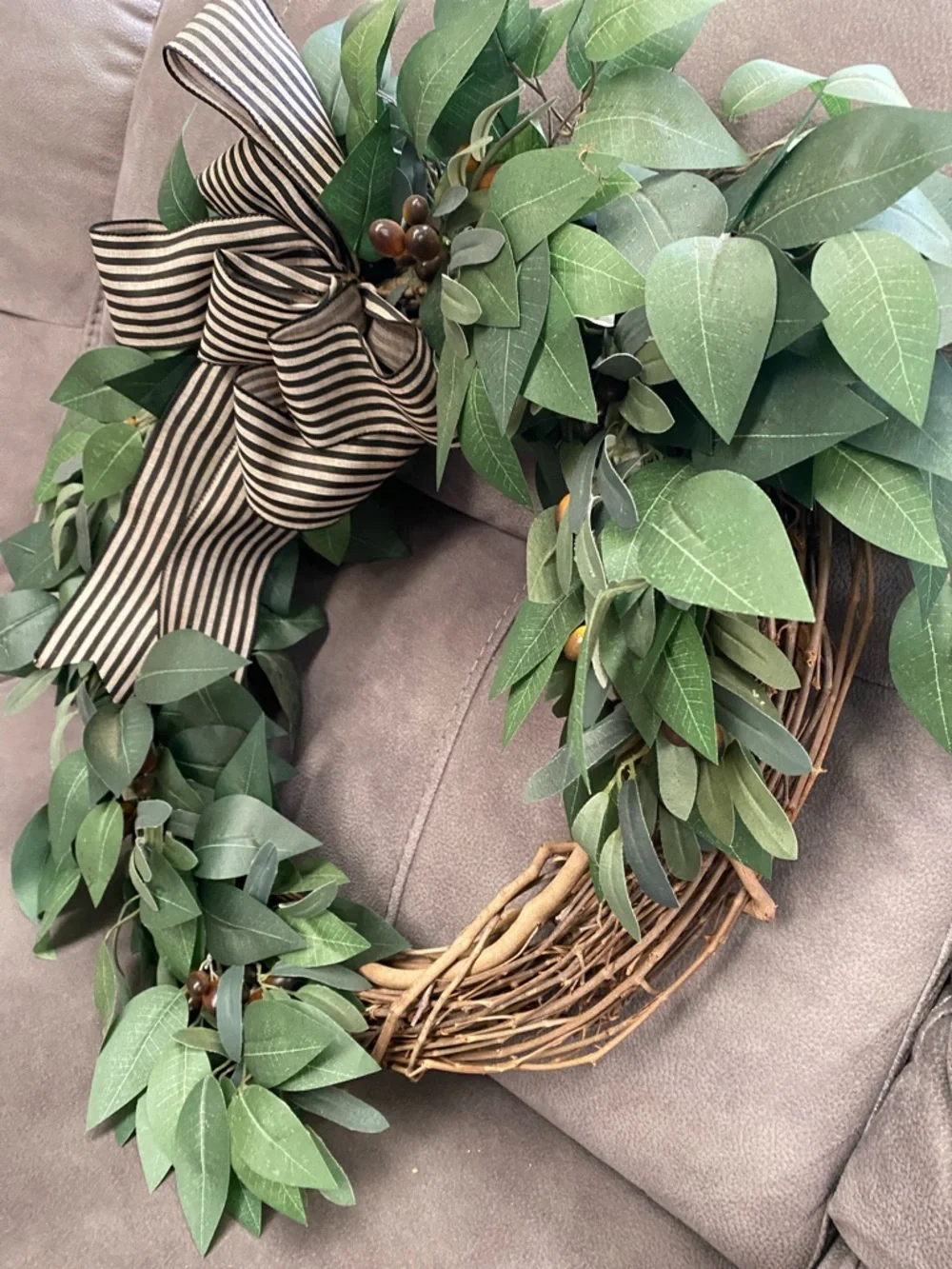 Green Willow Leaf Door Hanging Wreath with Striped Bow - Picture 3 of 5
